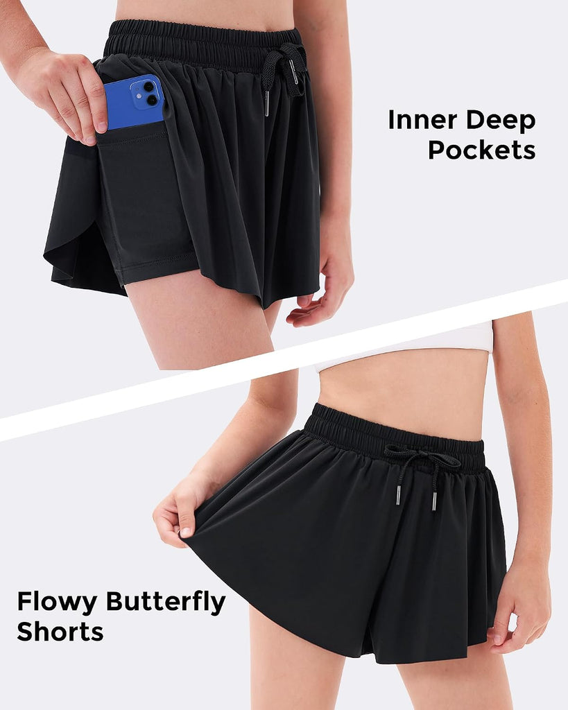 Girls Butterfly Shorts with Pockets Athletic Running Sports Skirt