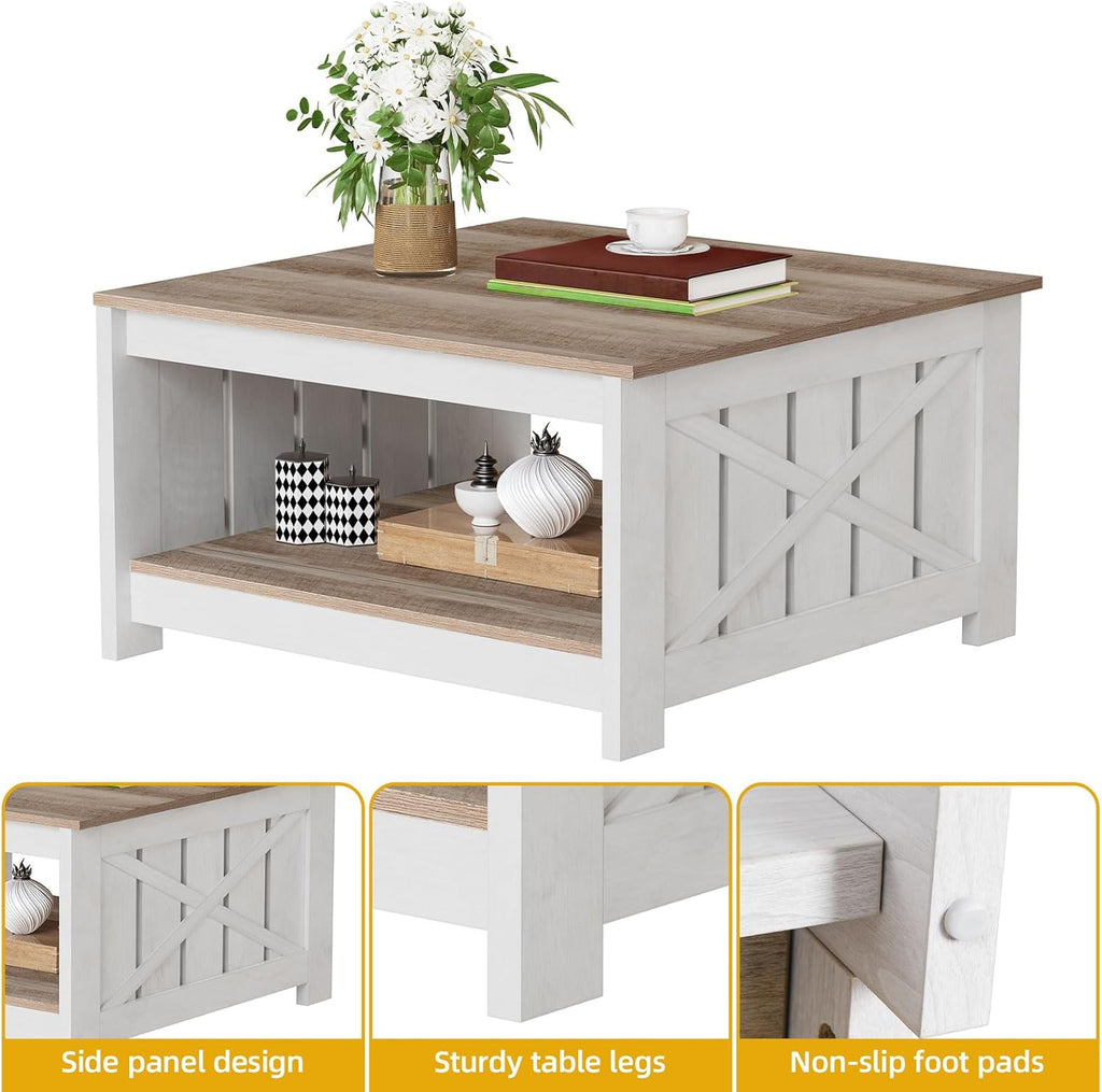 Square Coffee Table, Farmhouse Coffee Table with Storage