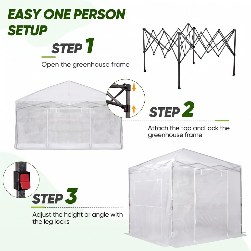 8x8 Easy Setup Pop Up Greenhouse, Clear/White