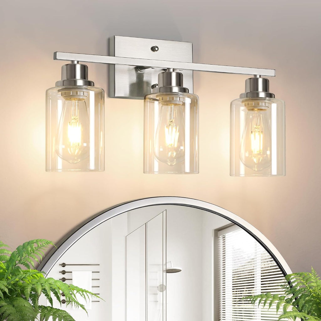 Bathroom Light Fixtures, 3-Light Vanity Light Over Mirror, Brushed Nickel Wall Sconces with Clear Glass Shades, Wall