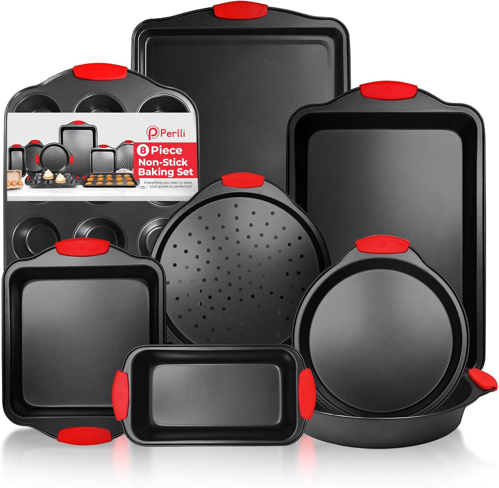 Non-Stick 8-Piece Pan Set, BPA-Free Carbon Steel Bakeware Set with Silicone Handles, Stackable Kitchen Oven Set