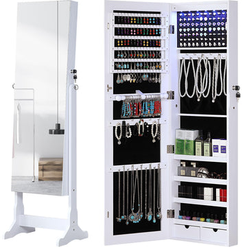Jewelry Organizer Full Length Mirror Jewelry Cabinet Standing/Wall/Hanging Door Jewelry Armoire Storage with Lights