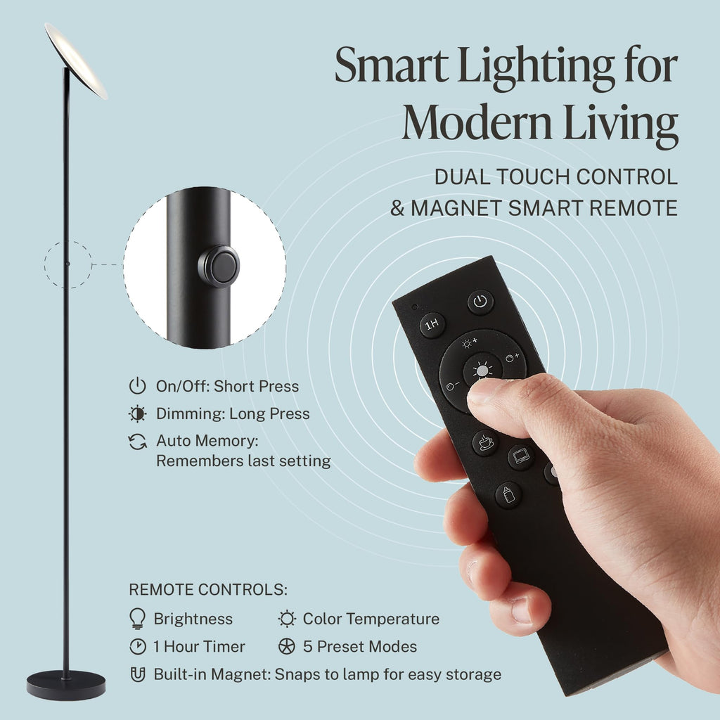LED Torchiere Floor Lamp - 71" Tall Modern Torchiere Lamp in Zen Black, Stepless Dimming, Remote & Touch