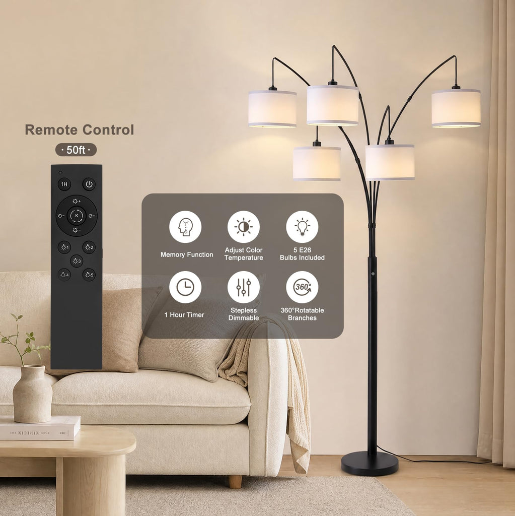 Floor Lamps, 4000LM Super Bright Arc Floor Lamp with Remote Control, 5 Light Tall Floor Lamps with Stepless