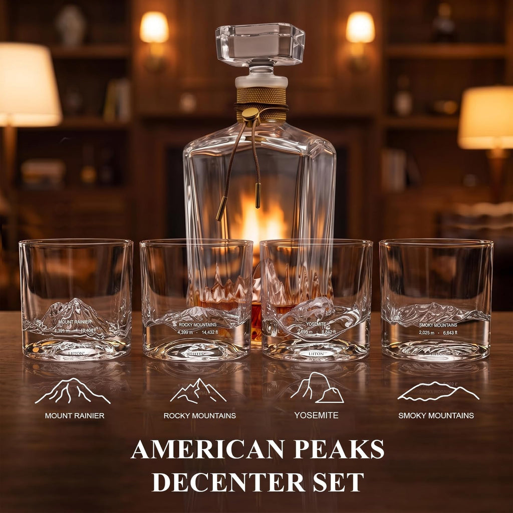 American Peaks Whiskey Decanter Set with 4 Heavy Glasses - Mens Gift - Set of 5