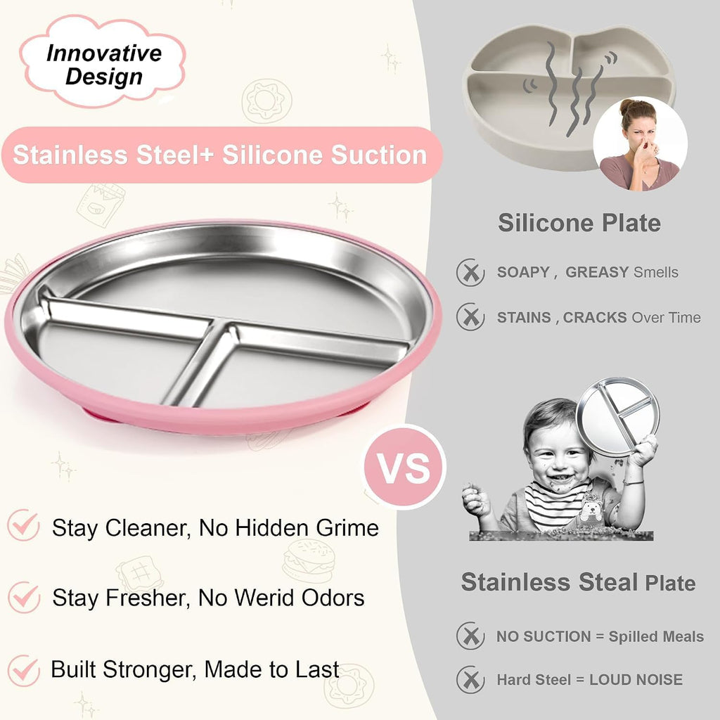 Stainless Steel Toddler Plates Silicone Suction, Non-Slip Baby Plates, Divided Portion, Food-Grade Silicone Plate