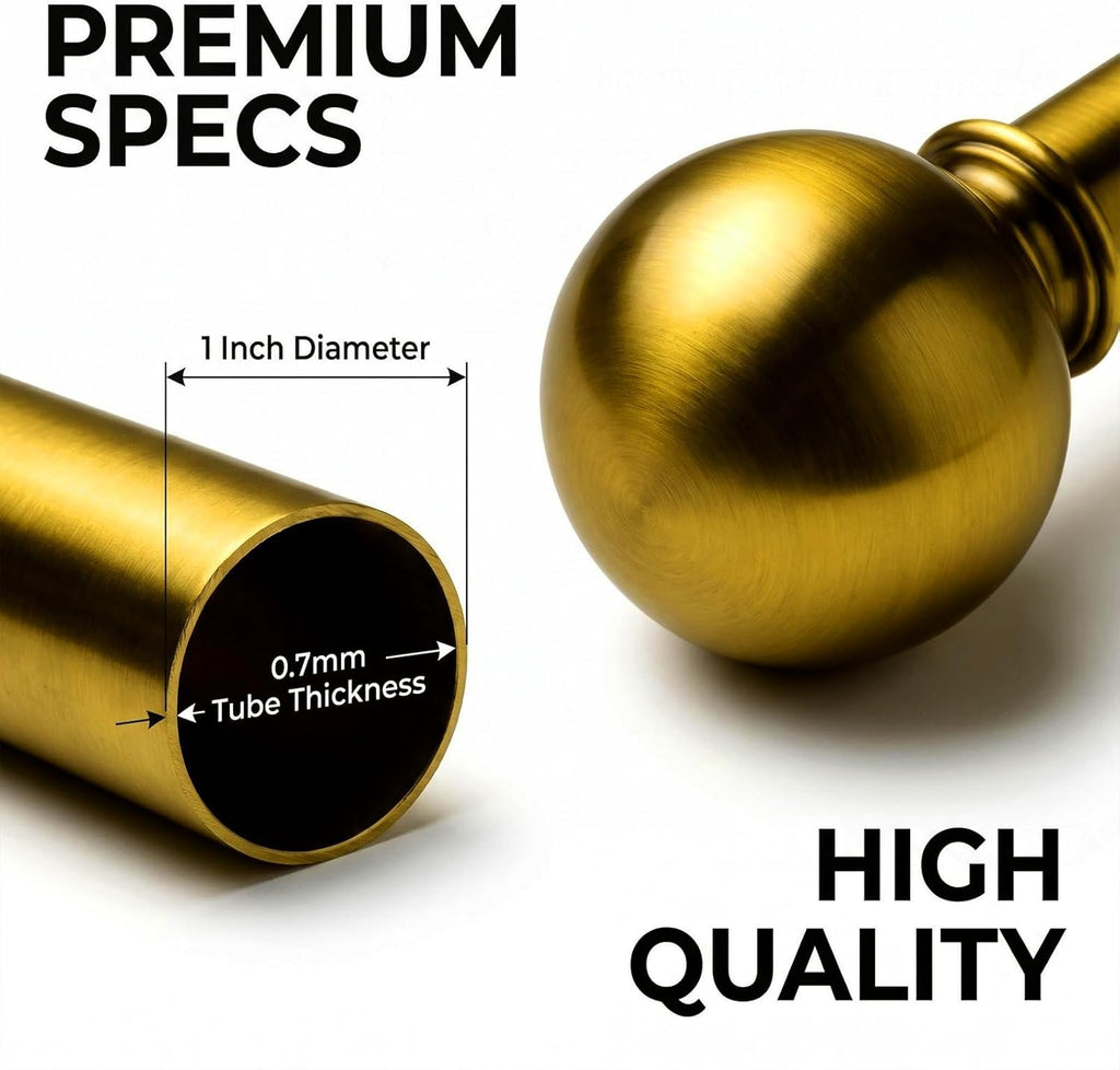 Brass Curtain Rods for Windows 18 to 45 inches, 1 Inch Modern Metal Drapery Rods, Adjustable Heavy Duty Curtain Pole