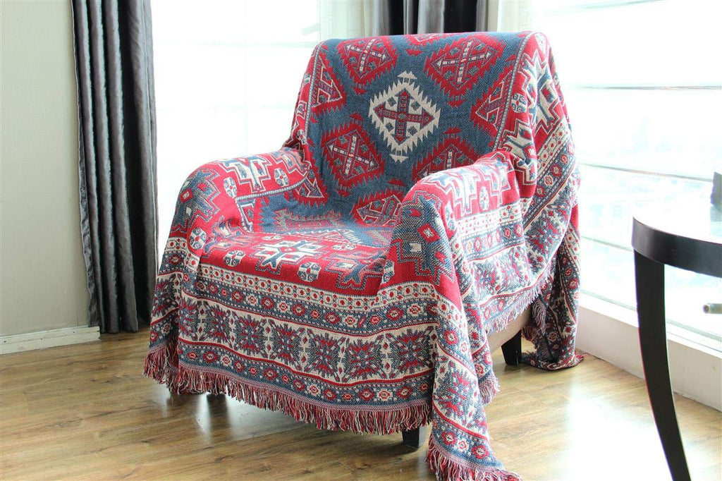 Bohemian Cotton Woven Red Geometric Pattern Throw Blanket with Tassel Couch Decorative Seat Cover Soft Chair Cover