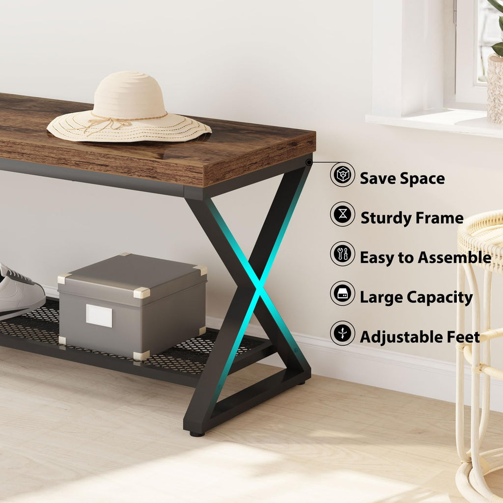 Rustic Brown Entryway Bench, 47" Industrial Shoe Bench with Storage