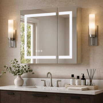 Upgraded Tempered-Mirror Medicine Cabinet with Lights 30x26 inch, Plug-in or Hardwired, Anti-Fog/3 Colors/Dimmable