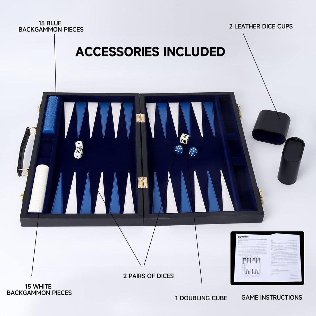 GSE Premium Leather Backgammon Board Game Set, Black&Blue, Large