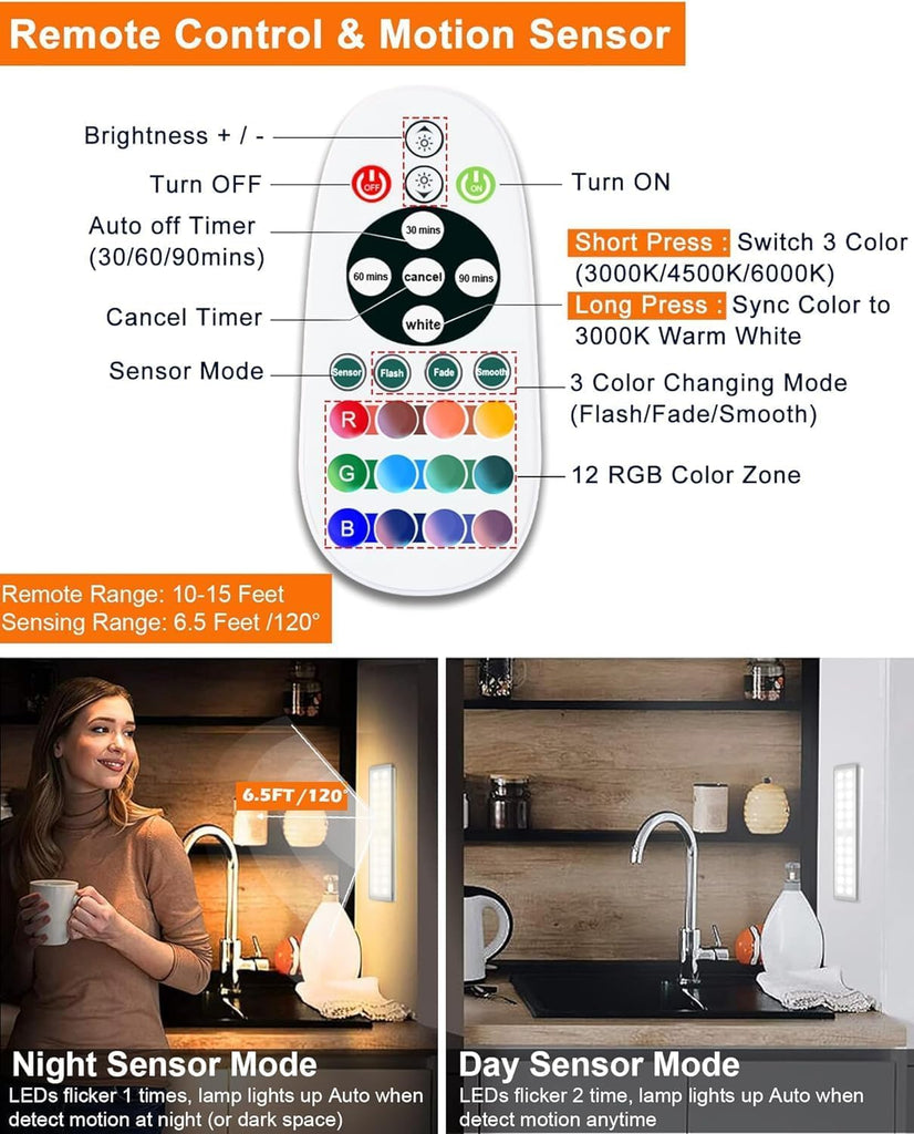 Under Cabinet Lighting Wireless, RGB LED Closet Lights, 4 Pack