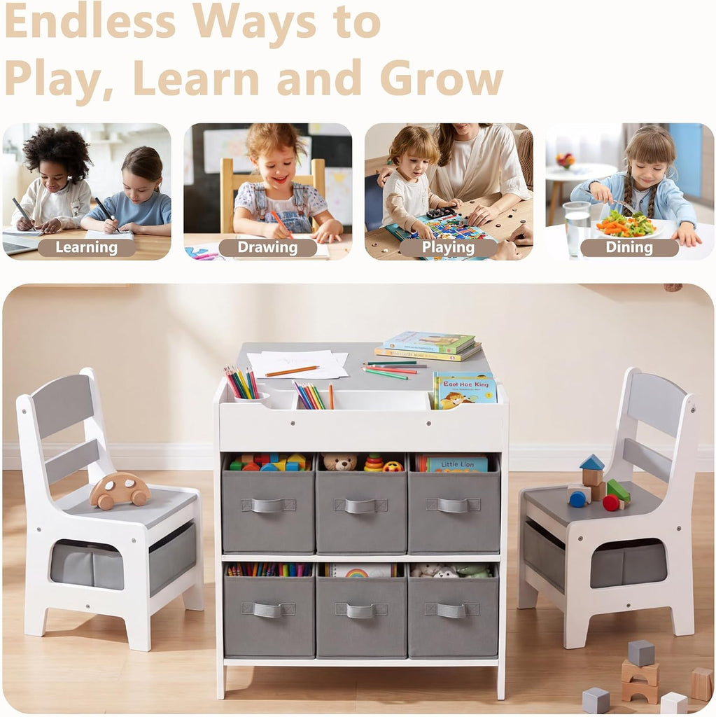 Kids Art Table & 2 Chairs Set, Bookshelf, Grey