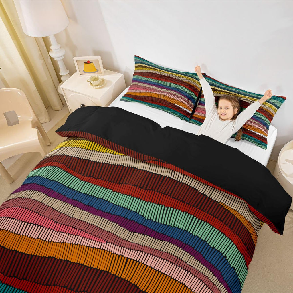 Boho Duvet Cover Queen Bohemian Wavy Bedding Set Rainbow Embroidered Waves Comforter Cover Geometric Tribal Ethnic
