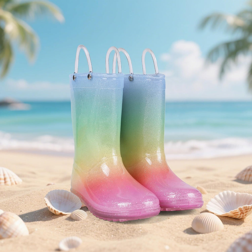 Kids Glitter Rain Boots Girls Waterproof Rain Shoes with Easy-on Handles