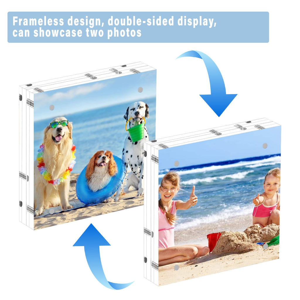 5 Pack 8x8 Acrylic Picture Frames, 24mm Thicker Square Frameless Clear Frame Double Sided Magnetic Frame, Free