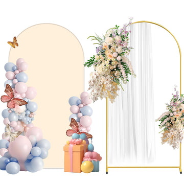 Metal and Cover Set, 6.6FT Beige Reusable Spandex Fitted Backdrop Cover and Gold Wedding Arch Frame for Baby Shower