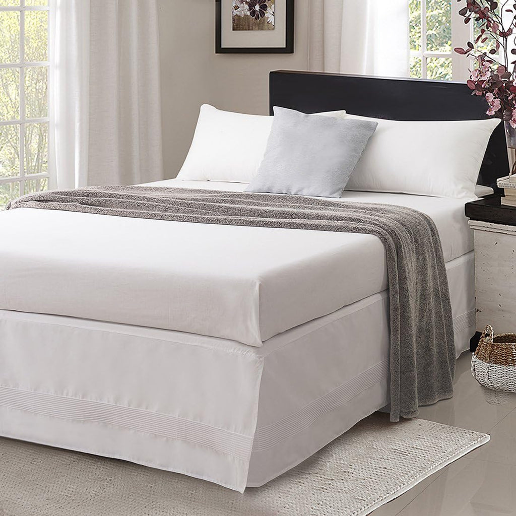 Bed Skirt with Stitch on White Dust Ruffle with Split Corner, Durable Elegant Luxury Queen 14-inch Drop