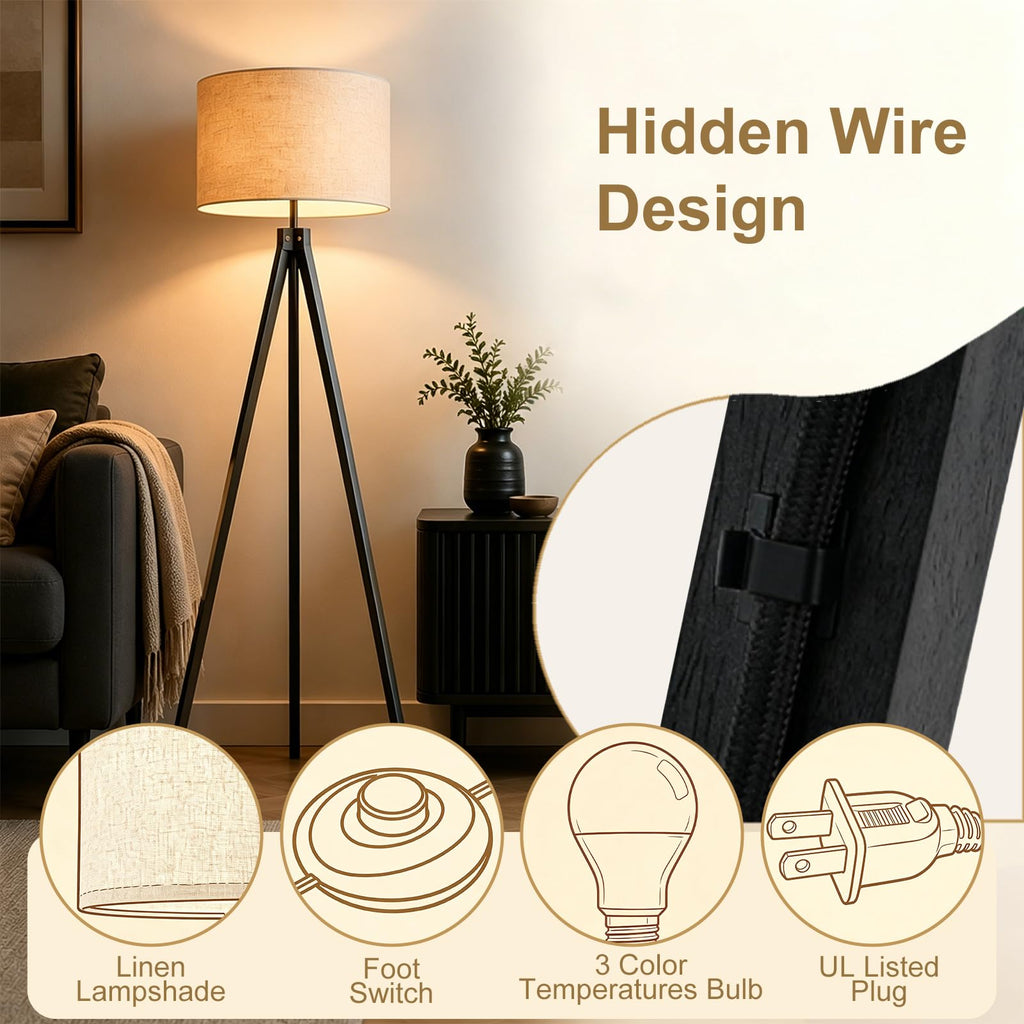 Wood Tripod Floor Lamp - Mid Century Standing Lamp with LED Dimmable