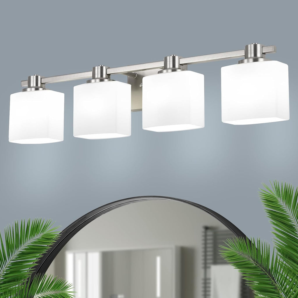 32 Inch Brushed Nickel Vanity Light 4 Light Bathroom Light Fixtures Over Mirror Milk Glass Makeup Shower Lamp