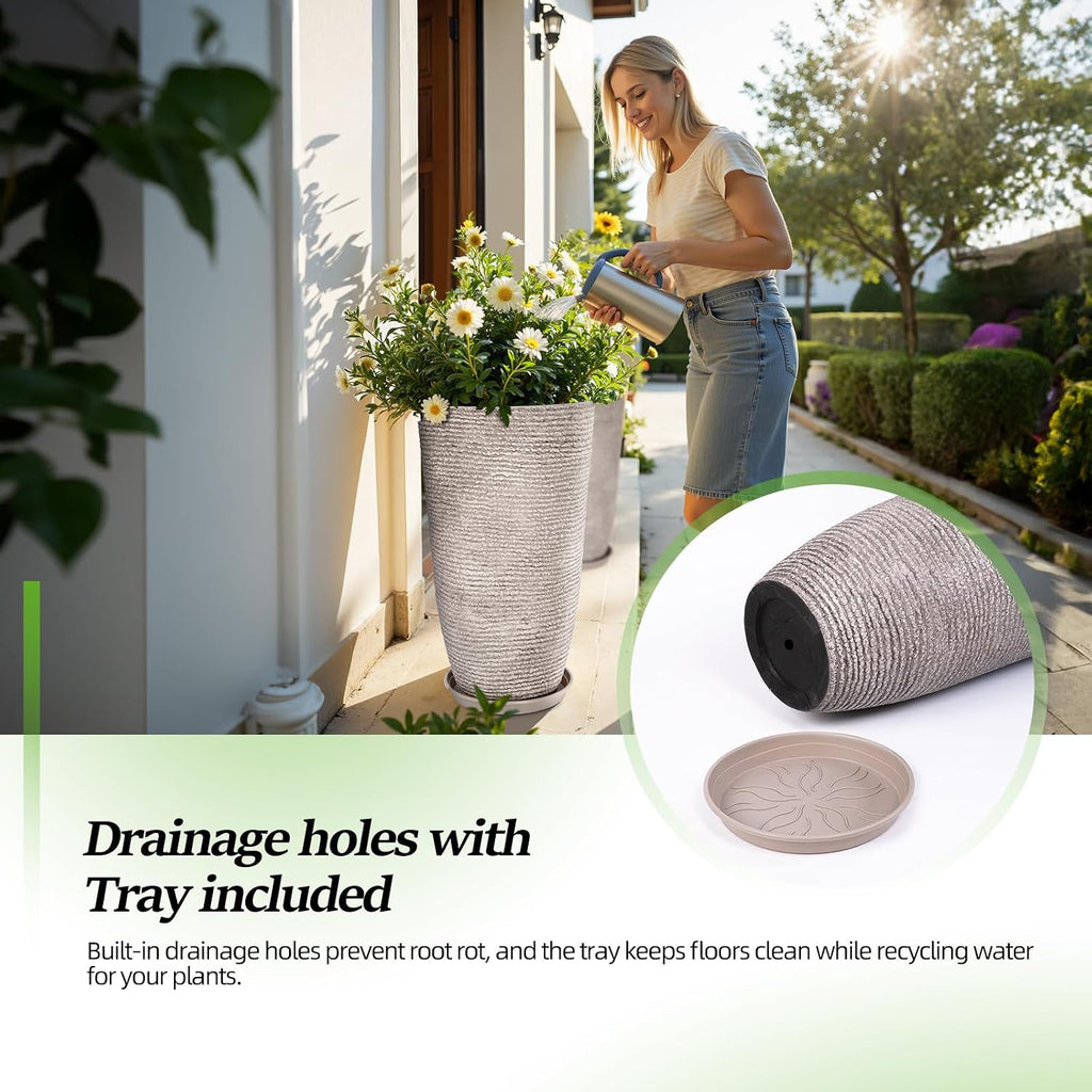Set of 2 Oversized 9 Gallon Round Planters for Front Door & Patio - 12x21 Inch Tall Outdoor/Indoor Plant Pots with