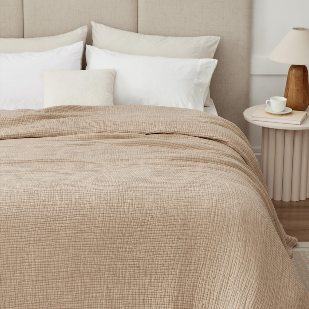 100% Cotton Muslin Blanket for Adults, 6-Layer, 90 x 90, Beige Linen