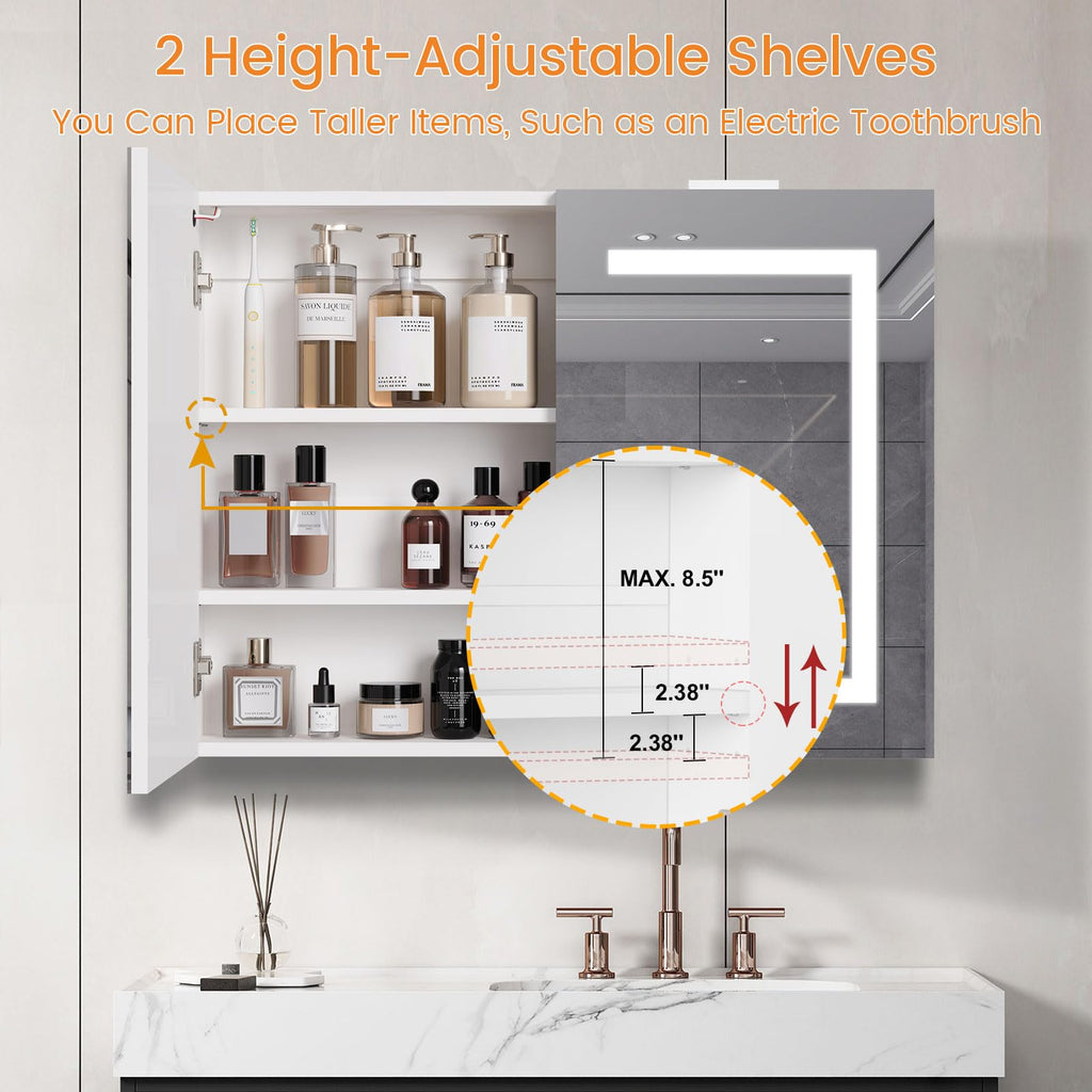 Bathroom Medicine Cabinet with Mirror & LED Lights, Wall Mount Bathroom Mirror with Storage, Built-in Power Outlets