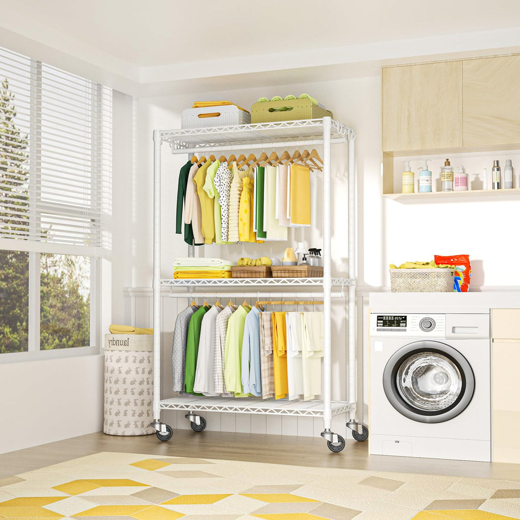 P3 Rolling Clothes Rack, Clothing Racks for Hanging Clothes, White