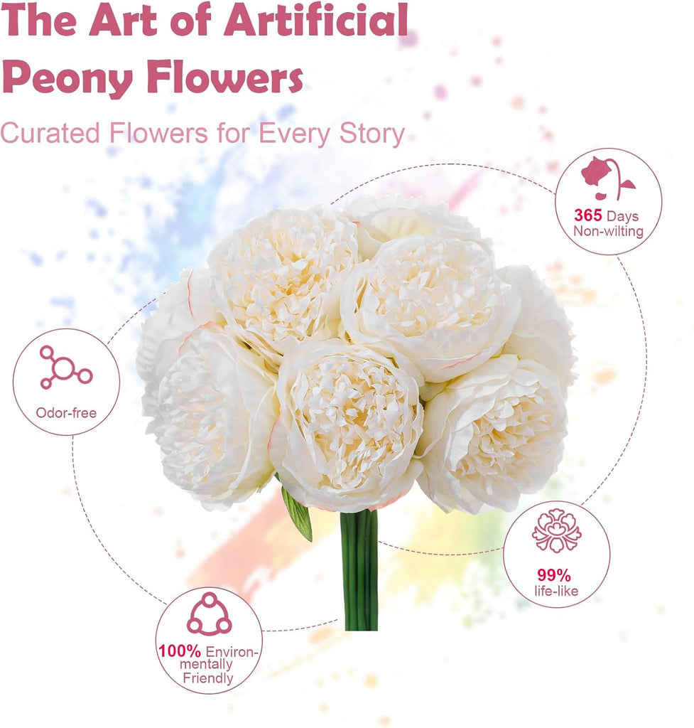 Off White Realistic Silk Peonies Bouquet, Waterproof & UV Resistant Faux Peony Flowers, All-Weather Artificial - Set of 10