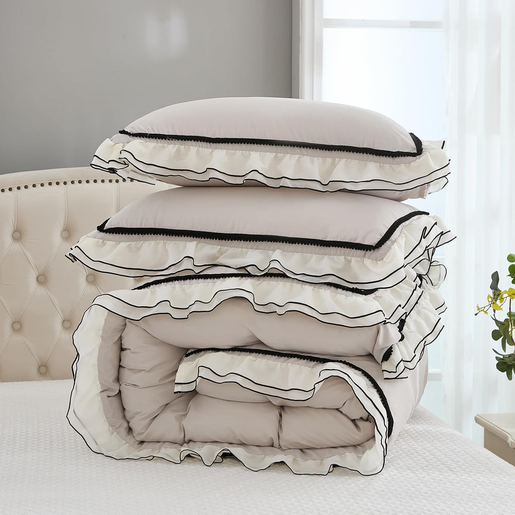 Grey Ruffle Comforter Set King Size, Pompoms Chic French Style Boho Bedding Sets, Fluffy Coquette Comforters Sets for