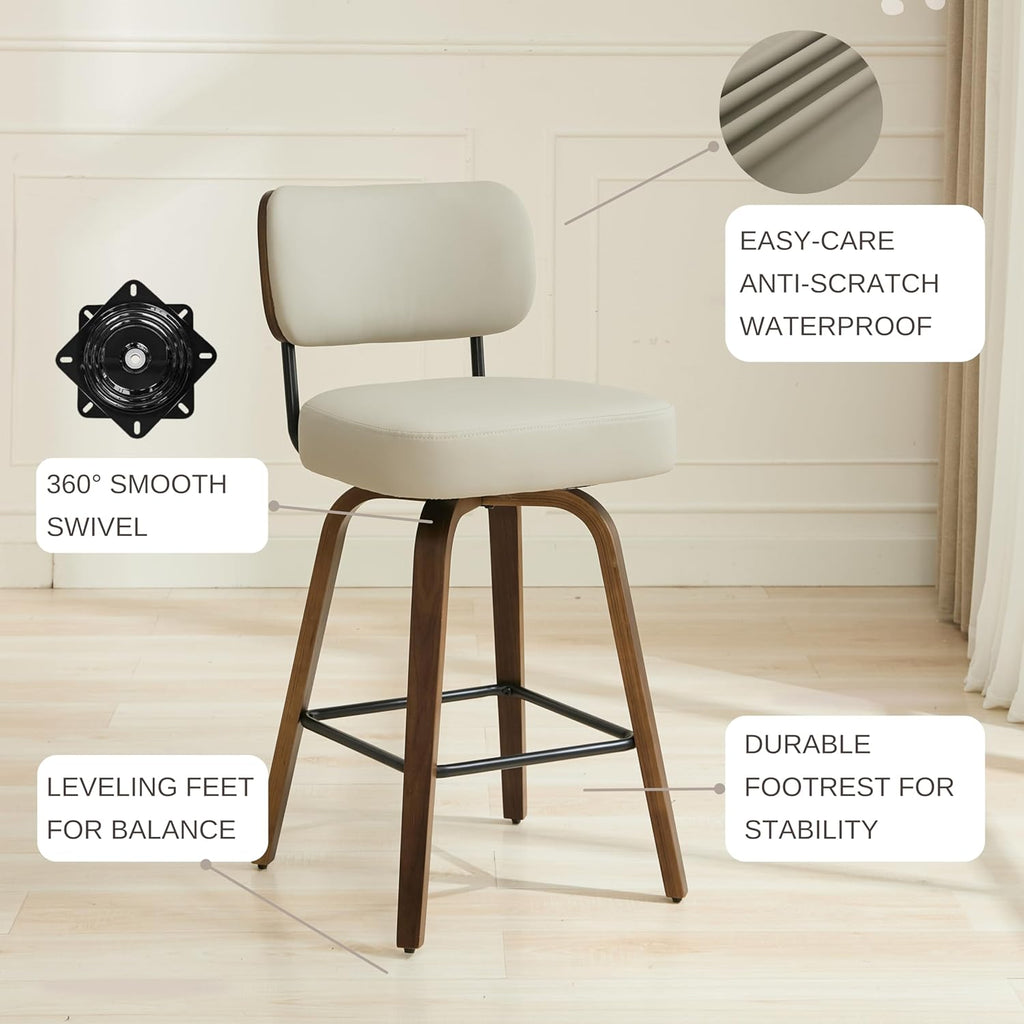 Swivel Bar Stools Set of 3, 26" Upholstered Counter Height Bar Stools with Back and Walnut Wood Legs, Faux Leather