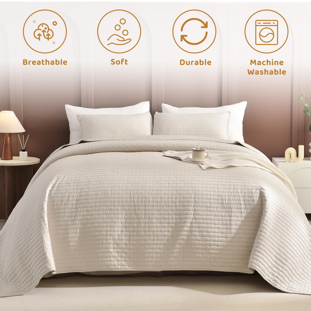 Oversized Cal King Bedspread 128"*120" for Extra Bed, 3pcs 100% Cotton Quilt Wheat Colored Ultra Large Wide Oversized