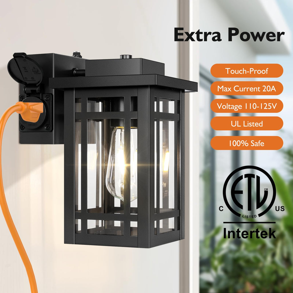 2-Pack Outdoor Porch Lights with Outlet, Dusk to Dawn Motion Modern Outdoor Wall Lights Exterior Lighting Fixtures
