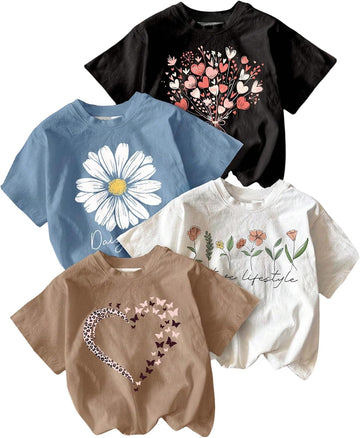 Girl's 4 Packs Graphic Tees Floral Heart T Shirt Cute Tops