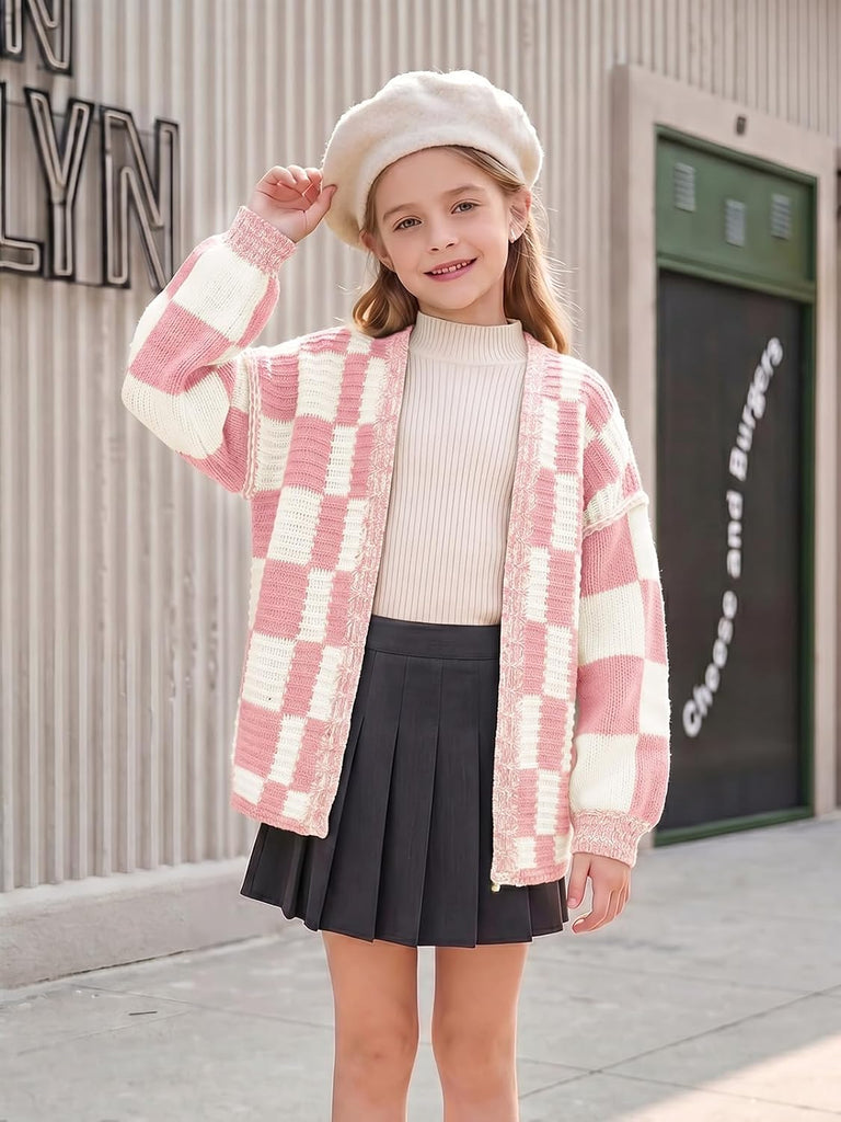 Girls Checkered Cardigan Sweater Open Front Knit Sweaters