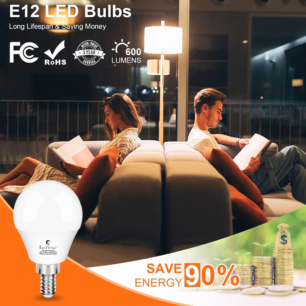 A15 Ceiling Fan Light Bulbs, E12 Base, 6Watt (60-Watt Replacement), Soft White 2700K, Non-Dimmable, Candelabra Base