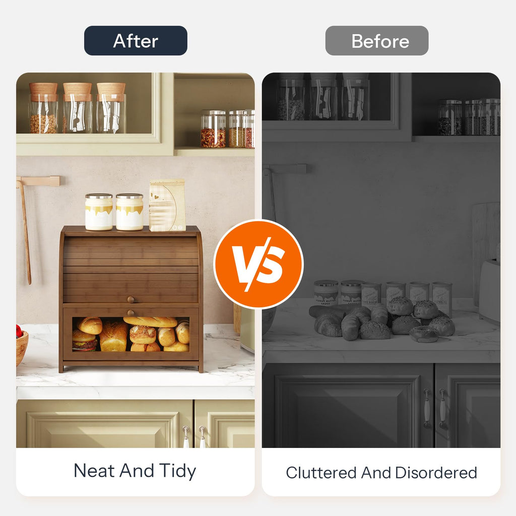 Bamboo Countertop, 2 Tier Roll-Top Bread Bin, Food Storage Box, Large Capacity Keeper, Wooden Storage Cabinet, Brown