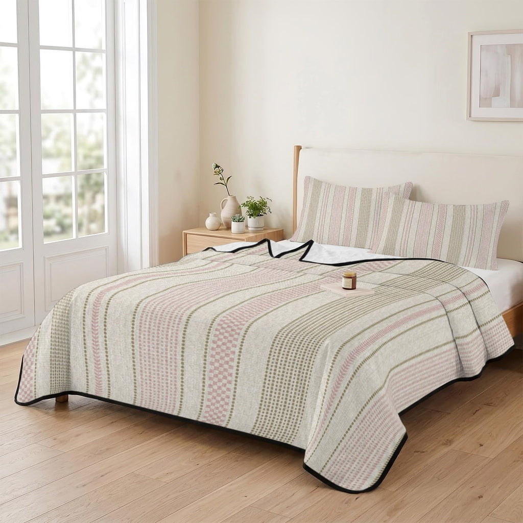 Vintage Striped Quilts Bedding Set Pink Khaki Vertical Ticking Stripes French Country Lightweight Quilted