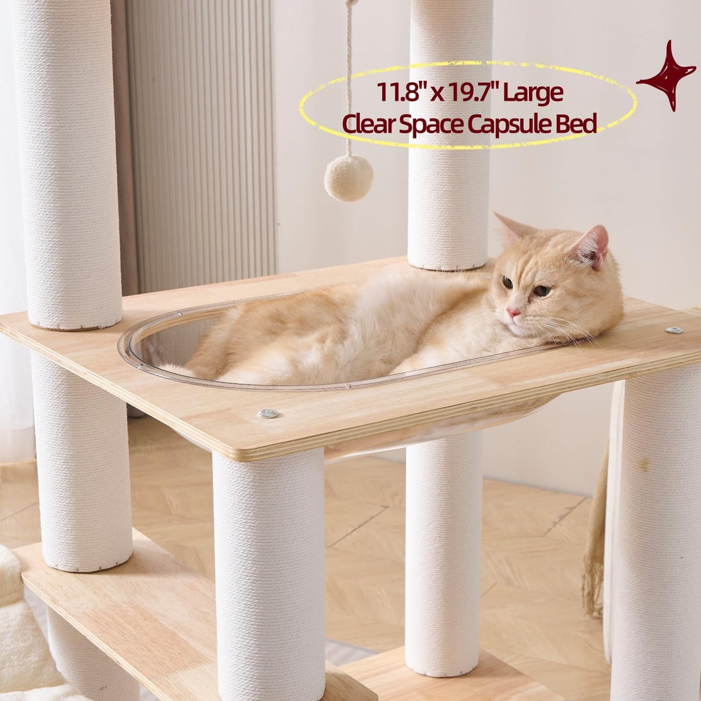 Modern Natural Wooden Wood Cat Tree Tower Condo, Extra Large Top Platform Perch, 57" Tall, Big Clear Capsule Bowl