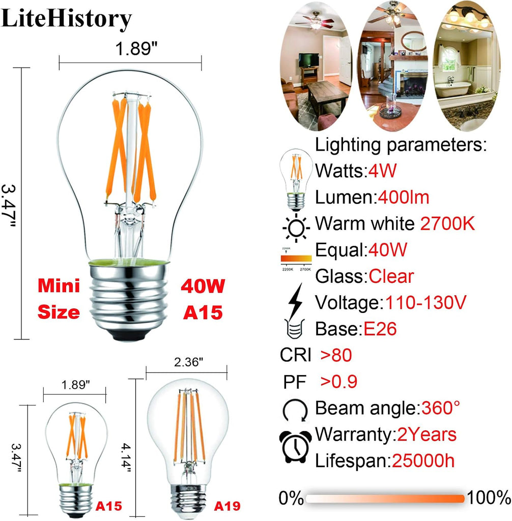 A15 E26 Bulb,4w=40 watt Light Bulbs,Dimmable,Warm White 2700K