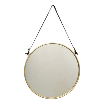 Round Metal & MDF Hanging Wall Mirror with Buckle Strap, Brushed Brass Finish