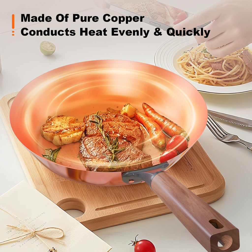 Handmade Pure Copper Frying Pan - Premium Red Copper Cookware for Professional Cooking