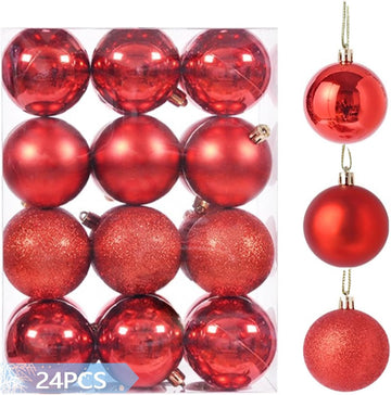 4cm/1.57" Shatterproof Christmas Balls Ornaments, Pre-Strung Hanging Xmas Tree Decorations, 3 Styles Holiday - Set of 24