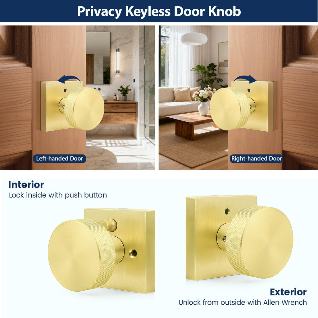 Gold Privacy Door Knobs Interior, Zinc Alloy Keyless Brushed Gold Door Knobs with Lock , Knurled Heavy Duty Brushed