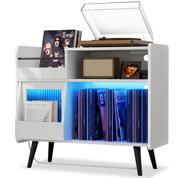 Large Record Player Stand -Turntable Stand Shelf w/Power Outlet & LED Light