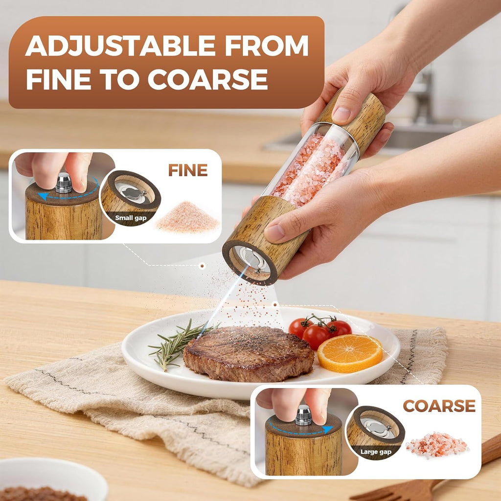 2-Pack Wooden Salt and Pepper Grinder Set - 8 Inch Manual Adjustable Ceramic Grinding, Refillable Acrylic Salt - Set of 2