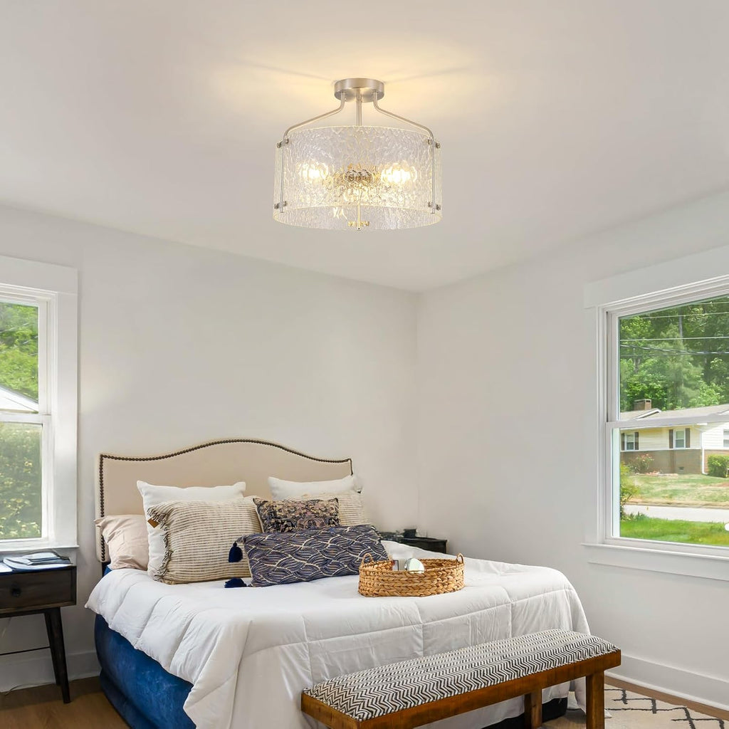 Semi Flush Mount Ceiling Light Fixture Glass Drum Chandelier Entryway Light Fixture 16''Brushed Nickel Flush Mount