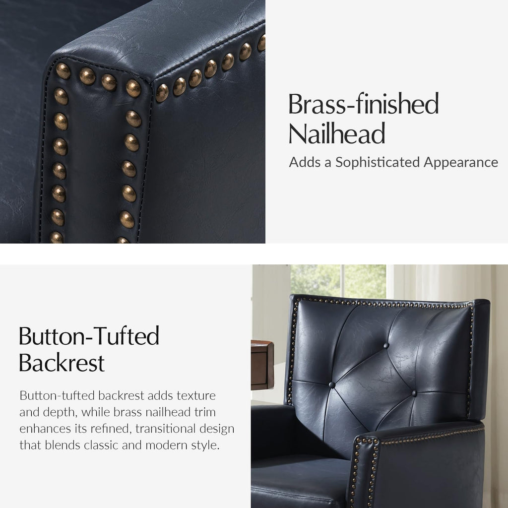 Faux Leather Office Chair with Tilt Function & Wood Base, Navy