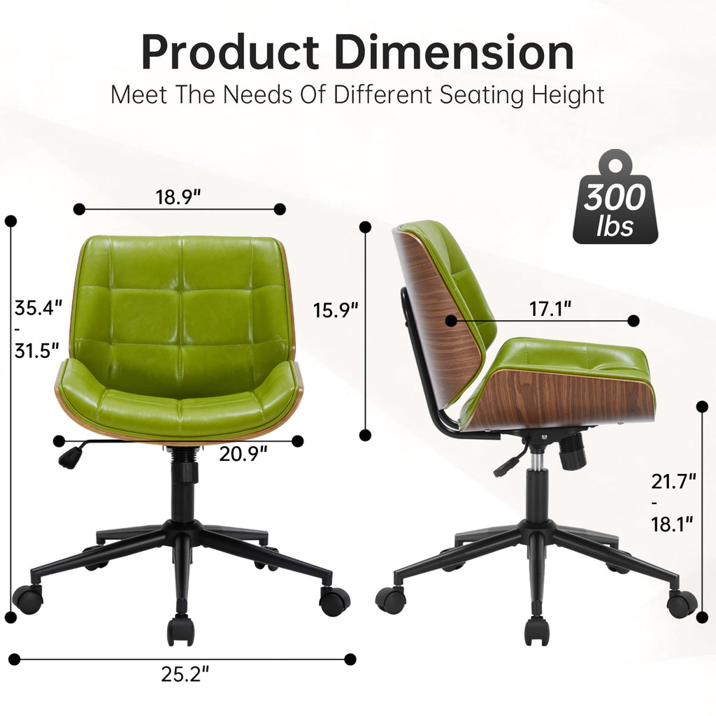 Mid-Century Modern Home Office Chair, Accent Desk Chair with Walnut Finish&PU Leather, Armless Executive Computer Chair