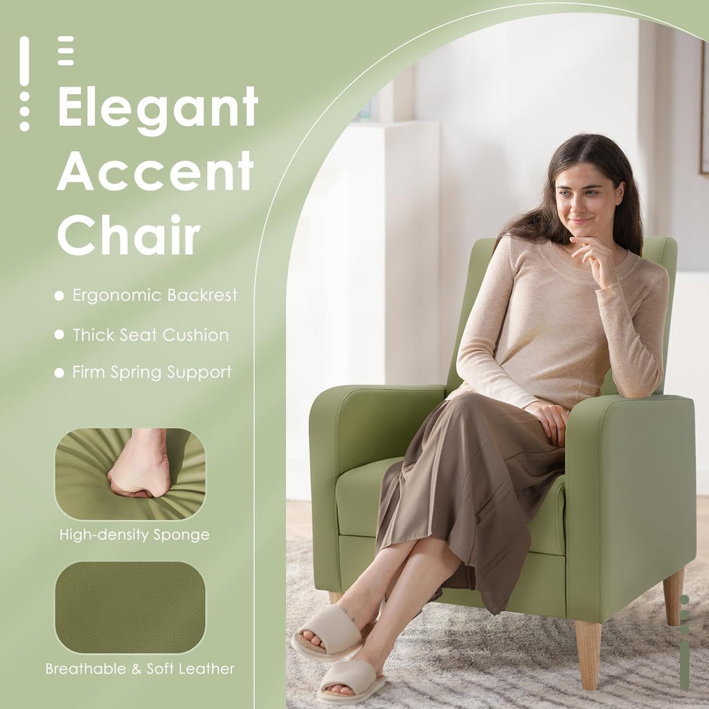 Accent Chairs, Faux Leather Living Room Chairs with Back Pillow & Solid Wood Legs, Mid-Century Modern - Set of 2